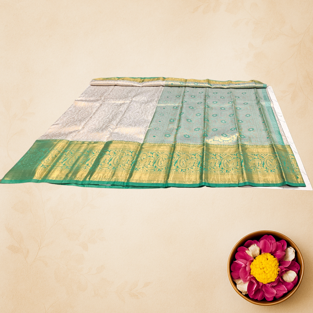 Elegant Cream & Green Kanjivaram Silk Saree with Gold Zari Work – Traditional Bridal Wear