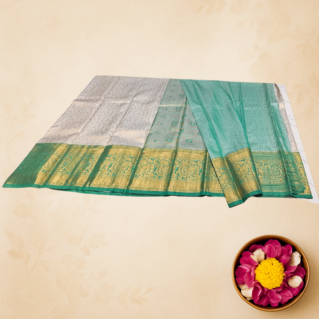 Elegant Cream & Green Kanjivaram Silk Saree with Gold Zari Work – Traditional Bridal Wear