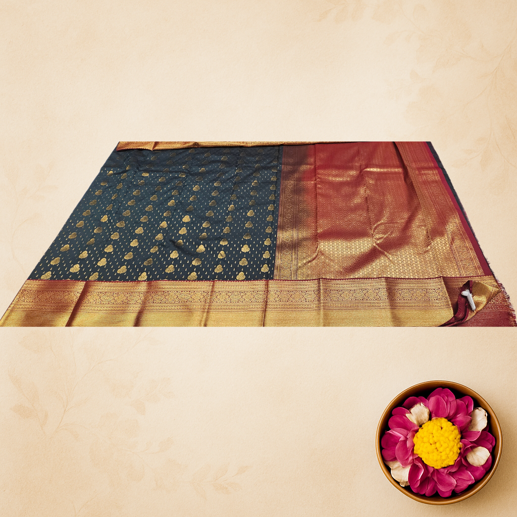 Elegant Navy Blue Kanjivaram Silk Saree with Gold Zari Motifs & Maroon Border – Bridal & Festive Wear