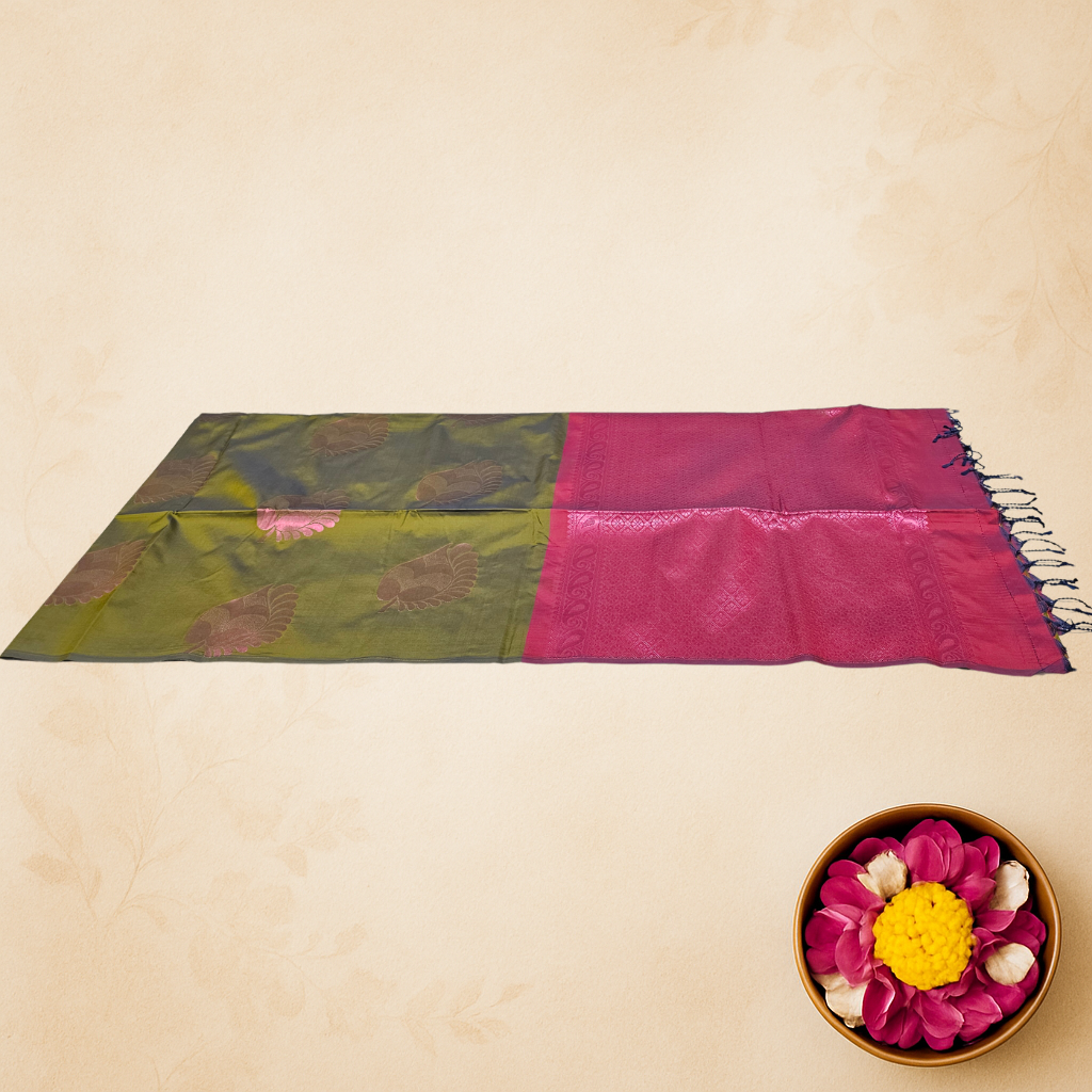 Olive Green Handloom Silk Saree with Maroon Floral Zari Weave – Elegant Ethnic Attire for Celebrations & Ceremonies