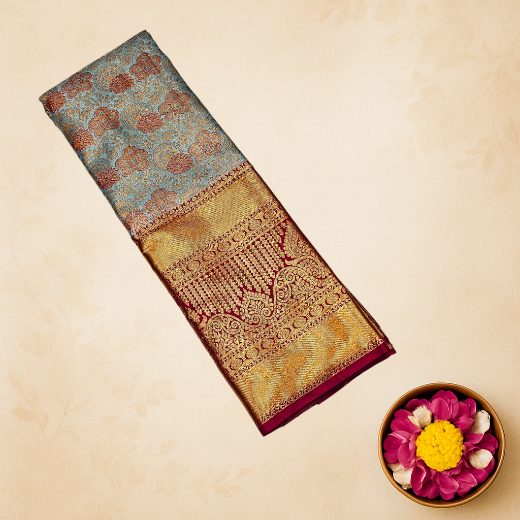 Traditional Blue & Maroon Kanjivaram Silk Saree with Gold Zari