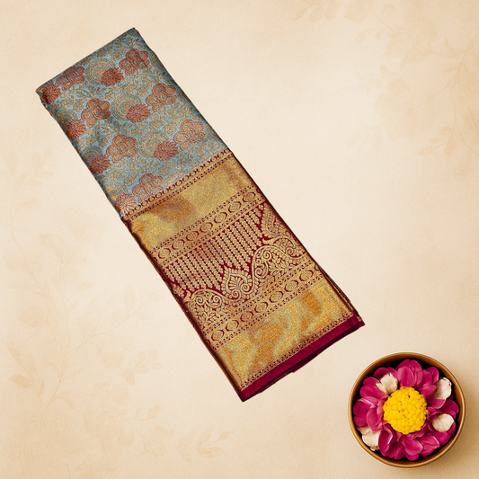 Traditional Blue & Maroon Kanjivaram Silk Saree with Gold Zari