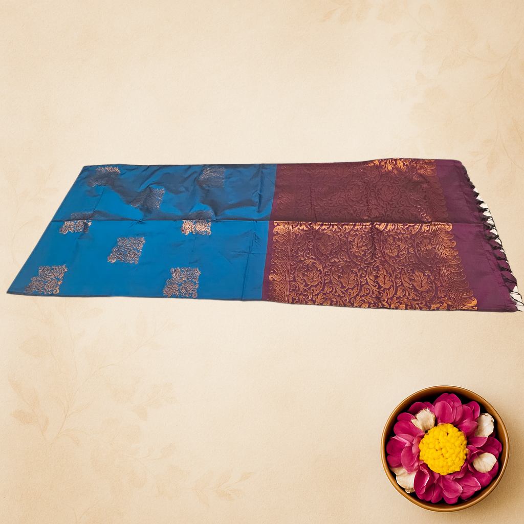 Royal Blue & Purple Handloom Silk Saree with Elegant Floral Zari Weave and Tassel Detailing – Festive & Ethnic Wear