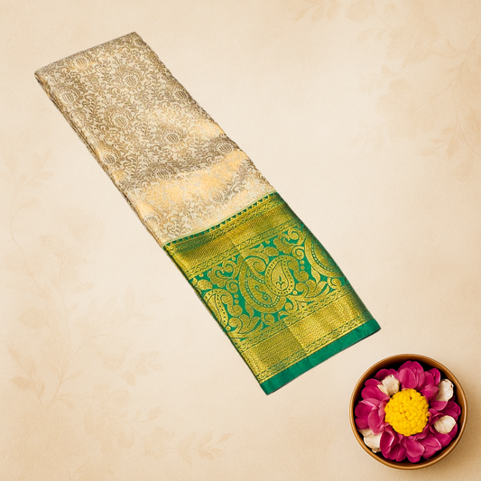 Elegant Cream & Green Kanjivaram Silk Saree with Gold Zari Work – Traditional Bridal Wear