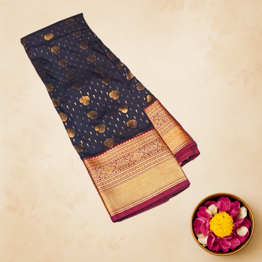 Elegant Navy Blue Kanjivaram Silk Saree with Gold Zari Motifs & Maroon Border – Bridal & Festive Wear