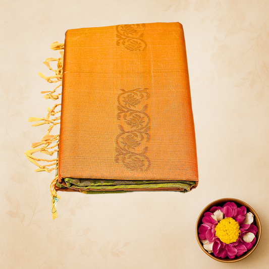 Traditional Orange & Green Handloom Silk Saree with Subtle Floral Zari Work – Festive & Temple Wear