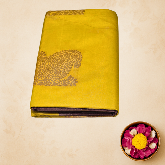 Elegant Yellow & Maroon Handloom Silk Saree with Intricate Paisley Zari Motif – Traditional & Festive Wear