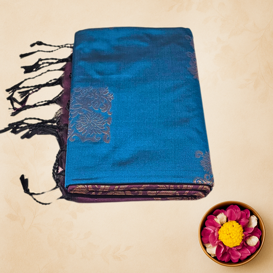 Royal Blue & Purple Handloom Silk Saree with Elegant Floral Zari Weave and Tassel Detailing – Festive & Ethnic Wear