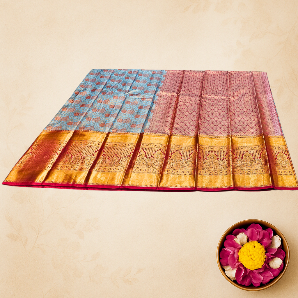 Traditional Blue & Maroon Kanjivaram Silk Saree with Gold Zari