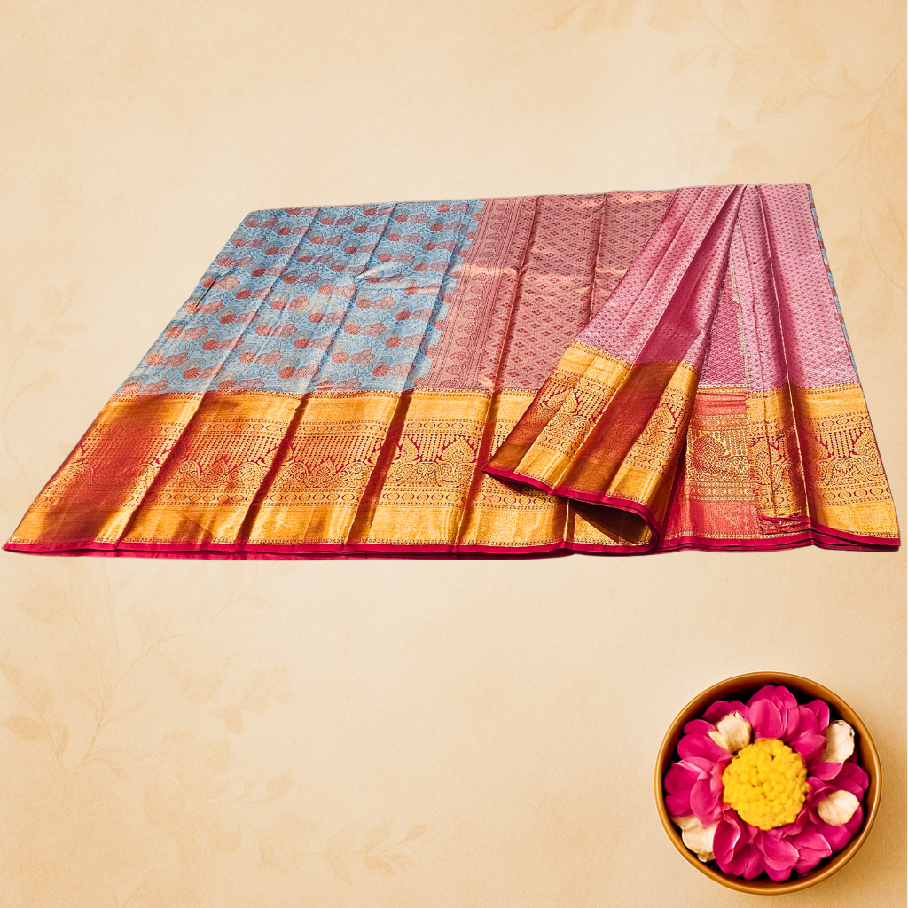 Traditional Blue & Maroon Kanjivaram Silk Saree with Gold Zari